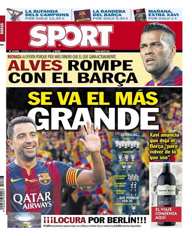 2015 - Xavi Hernández anuncia que dejará el Barcelona para volver en un futuro, mientras Dani Alves rechaza la oferta de renovación