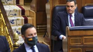 El presidente Pedro Sánchez y el líder de Vox, Santiago Abascal, en el Congreso