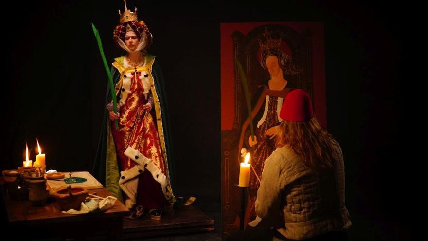 Recreación de Bartolomé Bermejo pintando la tabla de Santa Engracia, durante el rodaje del documental.