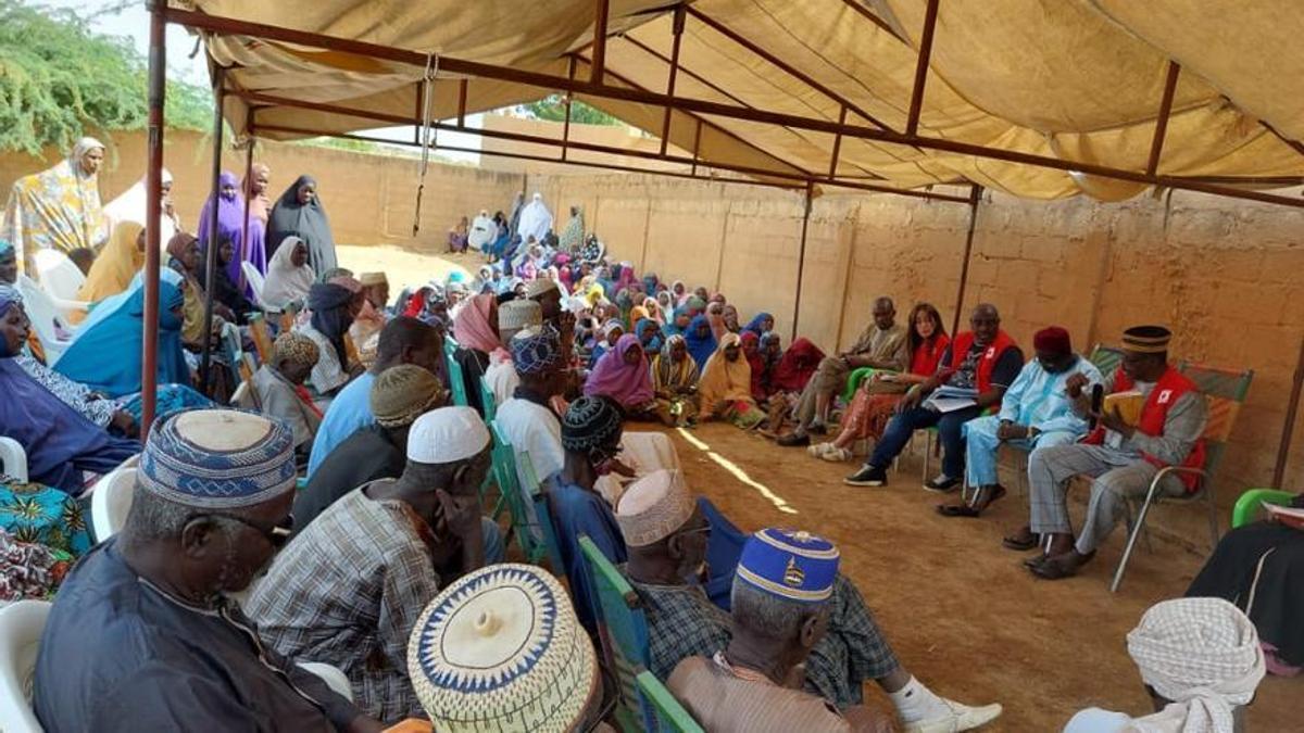 Reunión de técnicos de Cruz Roja Española con los vecinos de una comunidad rural en Níger.