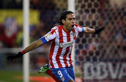 Atletico Madrid's Falcao celebrates his goal against Deportivo La Coruna during their Spanish first division soccer match in Madrid