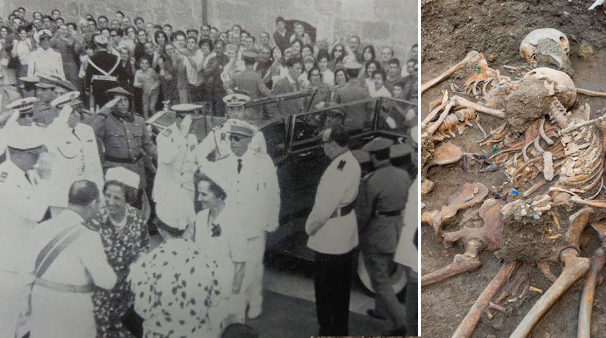 Visita del general Franco a Tortosa, izquierda. Fosa común en Salomó (Tarragonès), derecha.