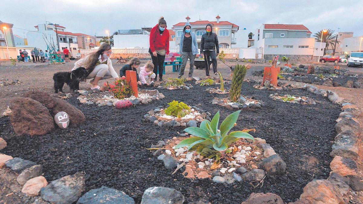 Una familia cuida de su parterre particular, ubicado dentro del terreno del barrio