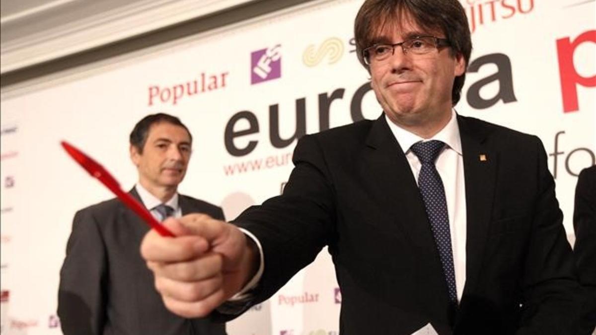 El 'president' Carles Puigdemont, durante el desayuno informativo que ha ofrecido este lunes en Madrid.