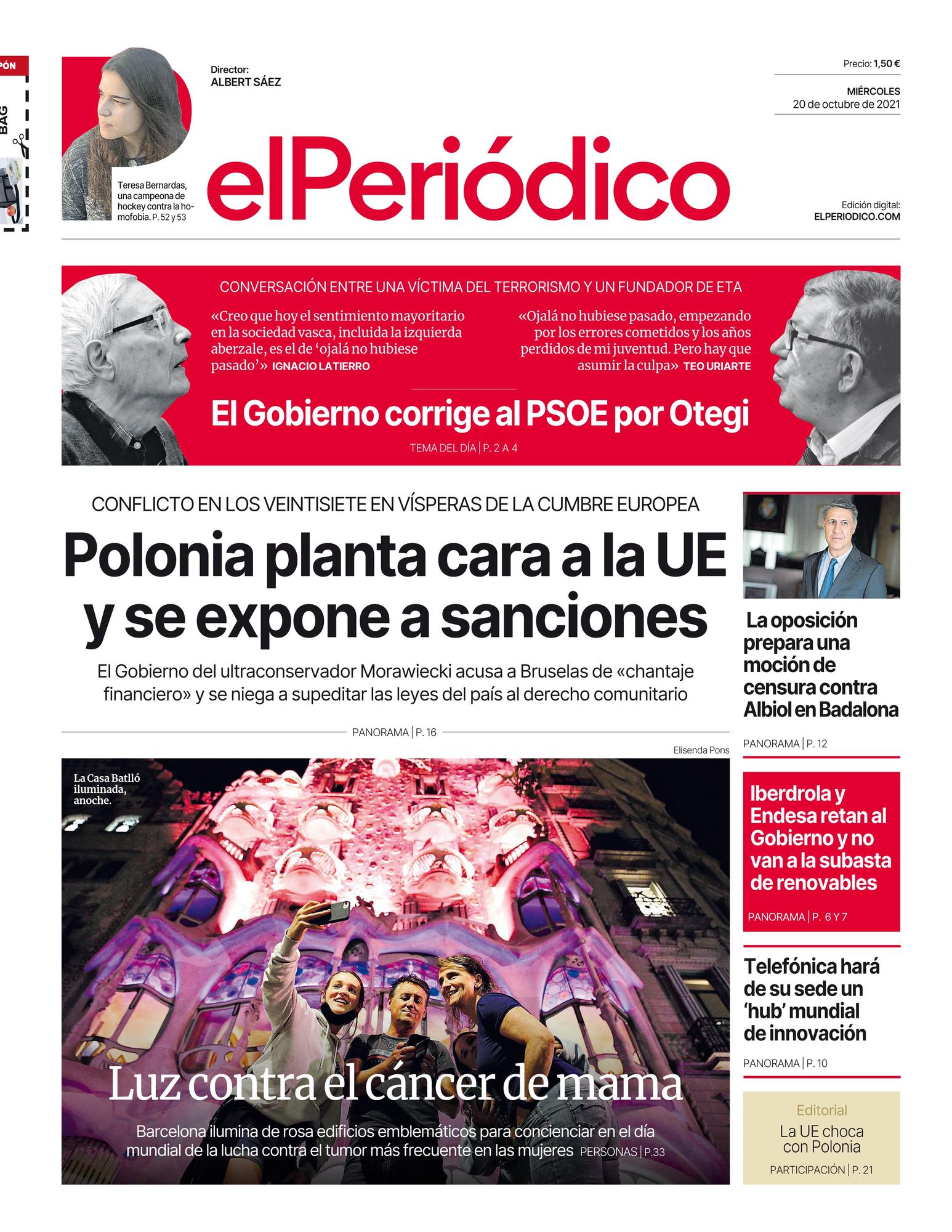 La portada de EL PERIÓDICO del 20 de octubre del 2021