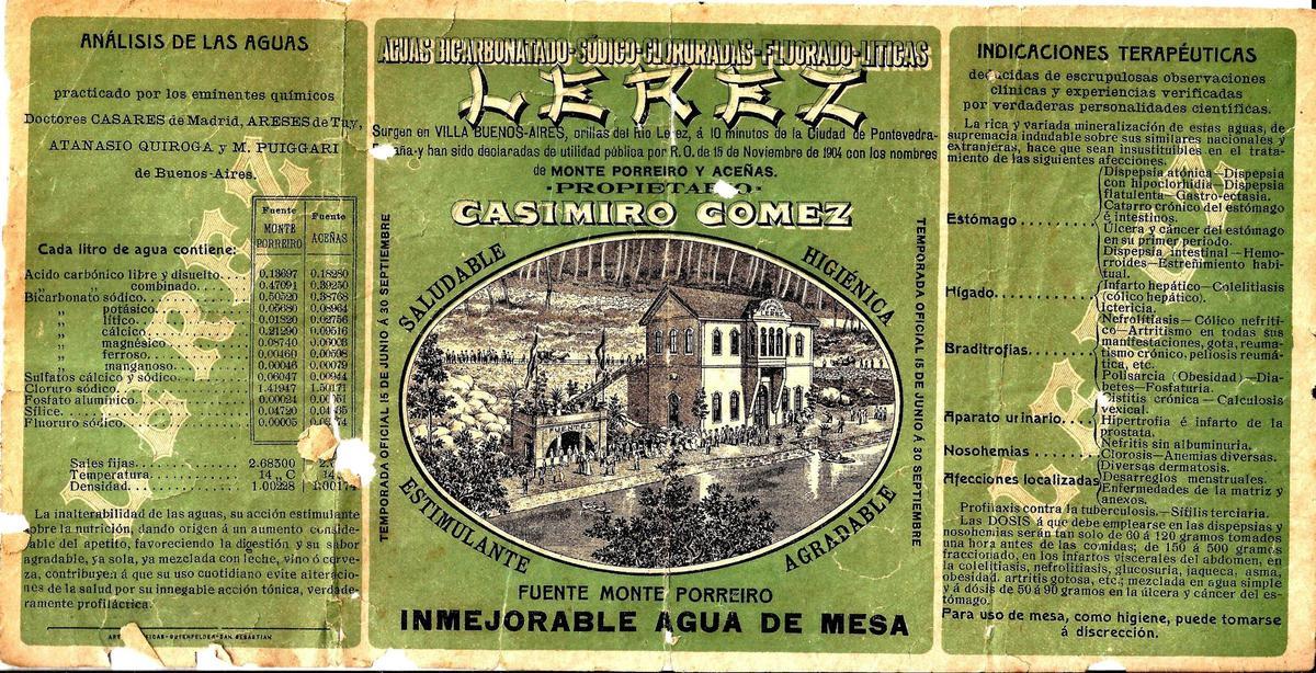 Etiqueta de la histórica agua con gas de Pontevedra.