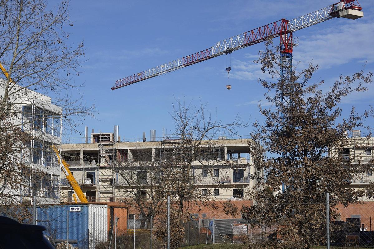 Una grua treballant en la construcció d’habitatges a Domeny Sud, a finals de gener d’aquest any.