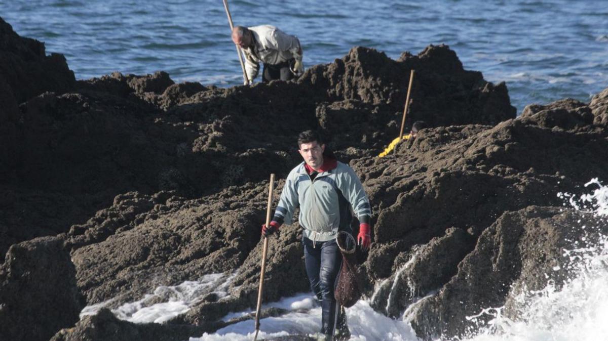 Algunos de los percebeiros de Cangas, ayer, en pleno trabajo de extracción del         crustáceo en las rompientes de la Costa da Vela.   | //  SANTOS ÁLVAREZ