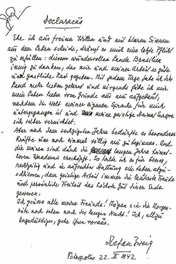 Reproducción de la “Declaração” con las razones del suicidio escrita en alemán de su puño y letra.