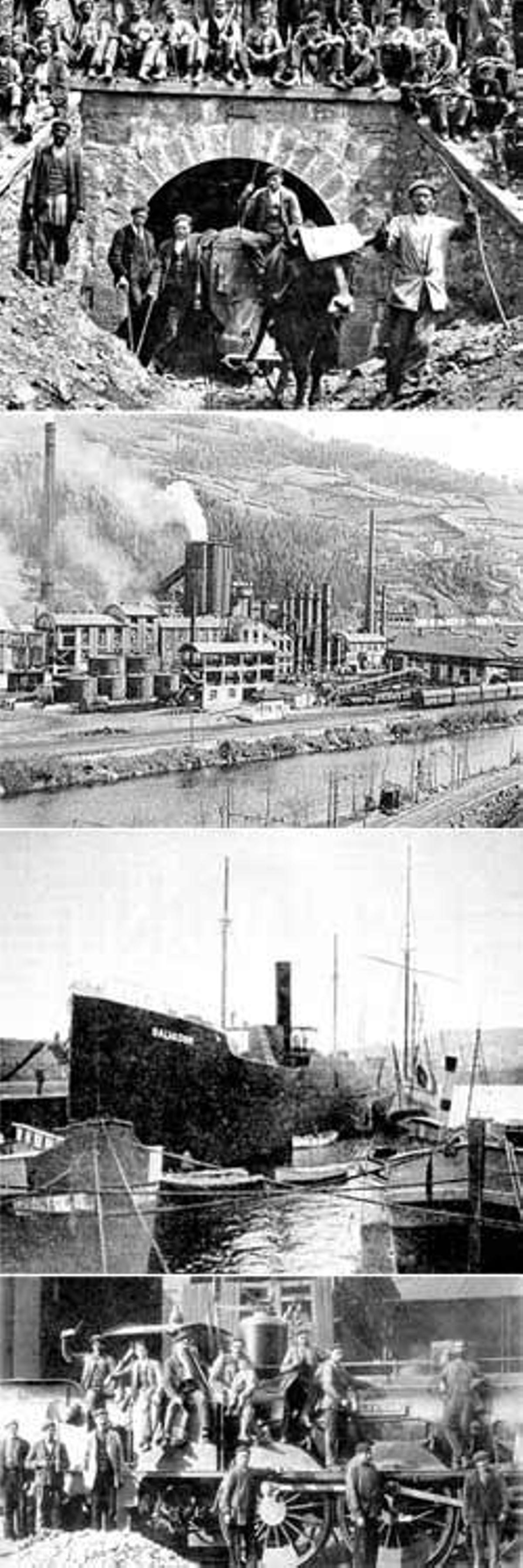 De arriba abajo; mineros de Mina Mariana, en Aller, en 1916.una imagen de la Fábrica de Mieres, el vapor «Salvador», construido en Gijón, hacia 1918 y obreros de Hulleras de Turón, en 1914, con la locomotora «Reliegos».| archivo de guillermo f. lorenzo