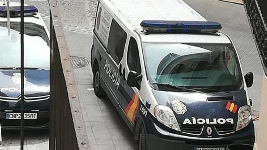 Vehículos policiales aparcados ayer en la calle del finado.