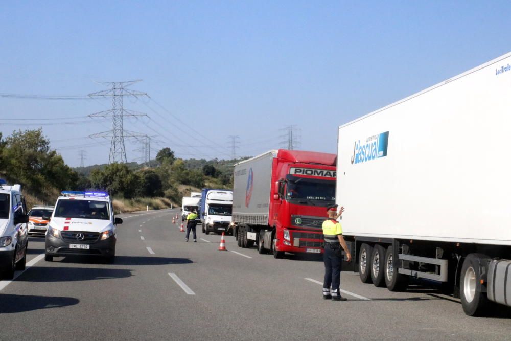 Els dos camions accidentats a l'AP-7 a Viladasens