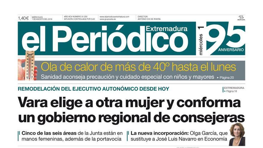 Esta es la portada de EL PERIÓDICO EXTREMADURA correspondiente al día 1 de agosto del 2018