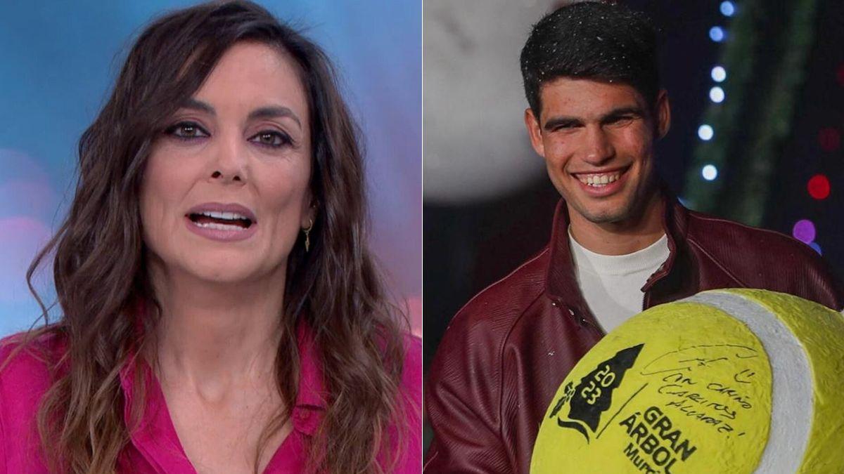 Mónica Carrillo en &#039;Antena 3 Noticias&#039; y Carlos Alcaraz tras el encendido.