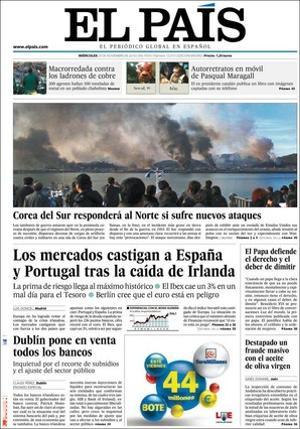 A dins, ’El País’ ofereix que el PSOE acusa el PP de danyar Espanya pel seu afany de desgastar en el Govern, que Espanya està en el centre de la tempesta financera desencadenada arran d’Irlanda i que Alemanya alerta que el futur de l’euro està en joc.