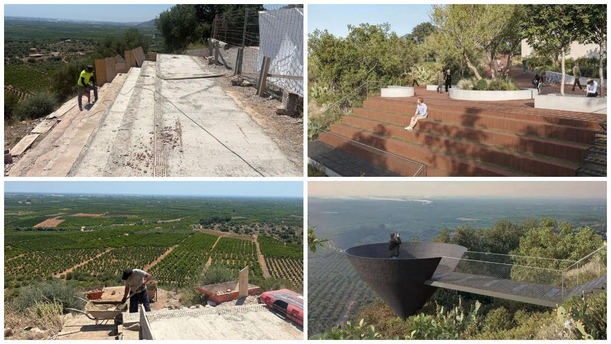 Así toma forma uno de los miradores con mejores vistas de la provincia de Castellón. A la izquierda, los trabajos; a la derecha, las recreaciones de cómo será.