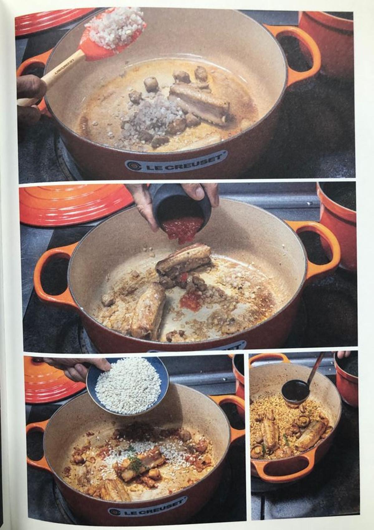 El llibre inclou fotografies del procés d'elaboració dels arrossos, en aquest cas el de costelló i rovellons.