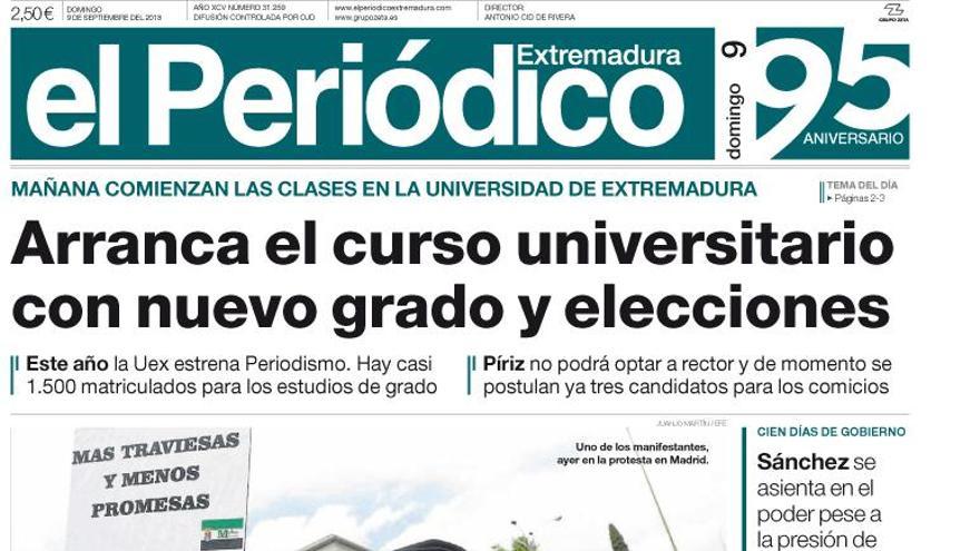 Esta es la portada de EL PERIÓDICO EXTREMADURA correspondiente al día 9 de septiembre del 2018