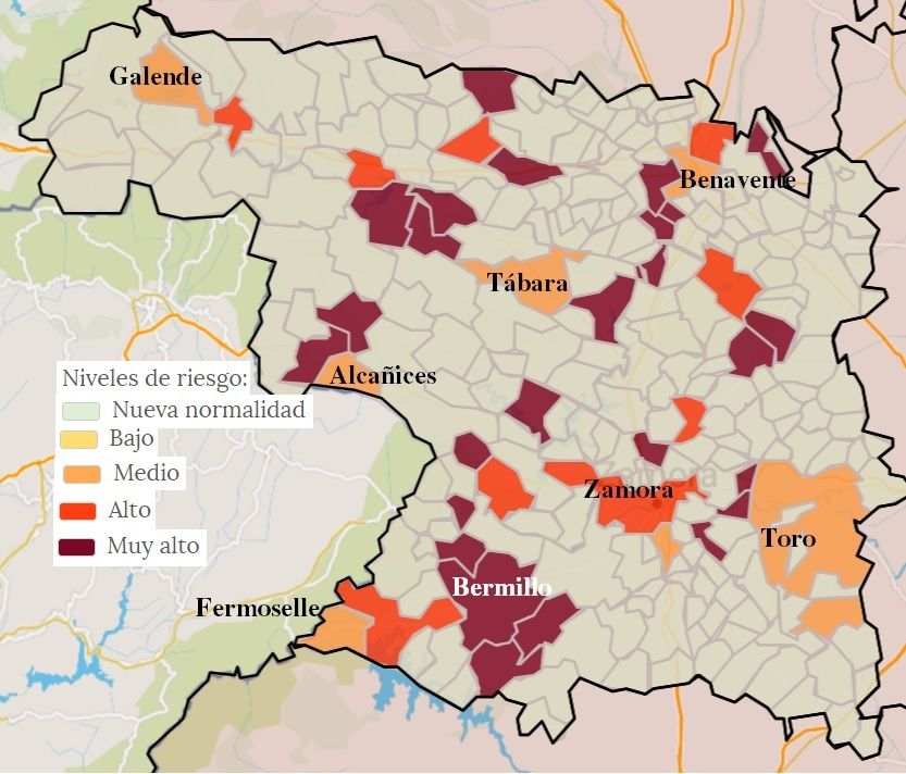 Mapa de contagios COVID por municipios de Zamora