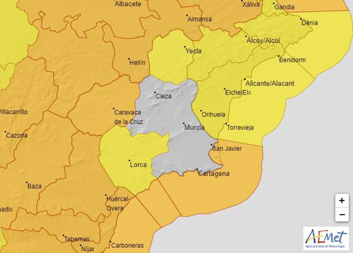 Mapa de alerta meteorológica en Murcia.
