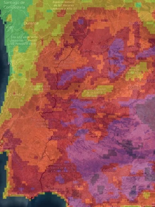 Riesgo de incendios para el viernes 20 de mayo: los tonos rojos y morados indican riesgo alto y extremo.