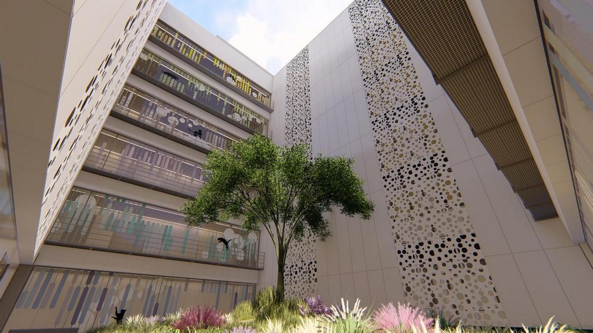 Simulación sobre cómo quedarían la nueva torre pediátrica del Hospital Insular Materno Infantil de Las Palmas de Gran Canaria.