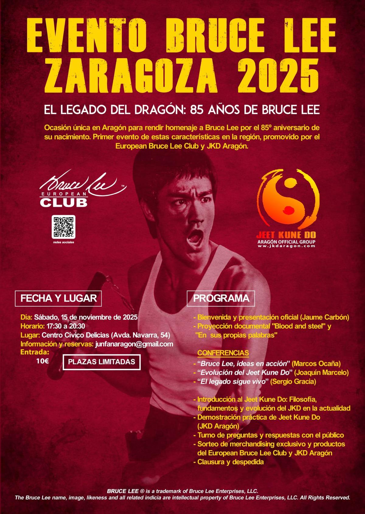 Cartel promocional del evento de Bruce Lee en Zaragoza.