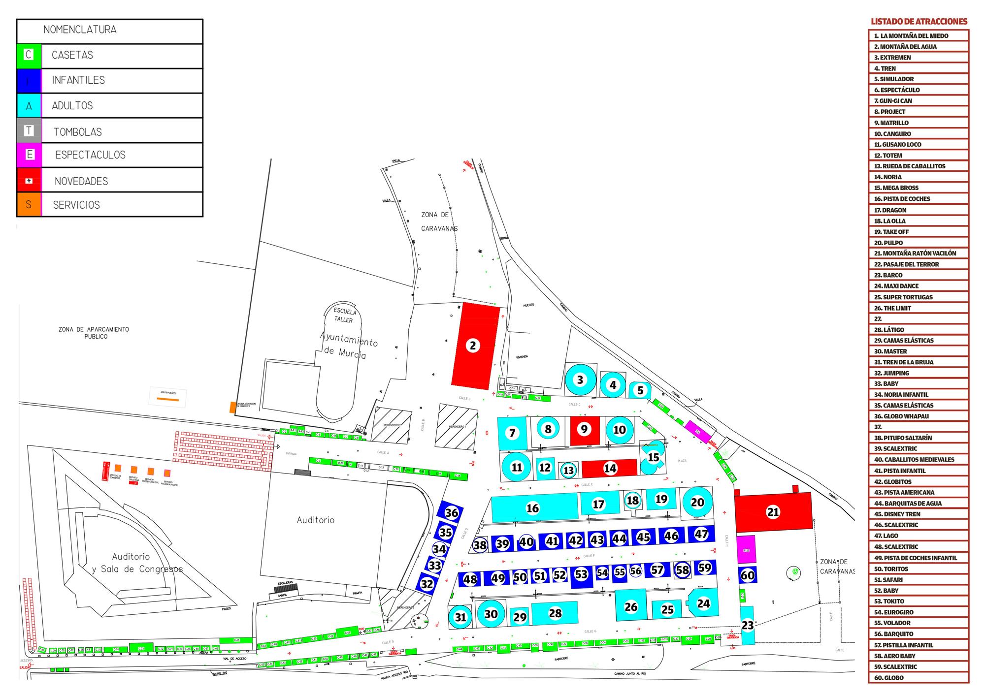 Plano de las atracciones de la Feria de Murcia 2019.