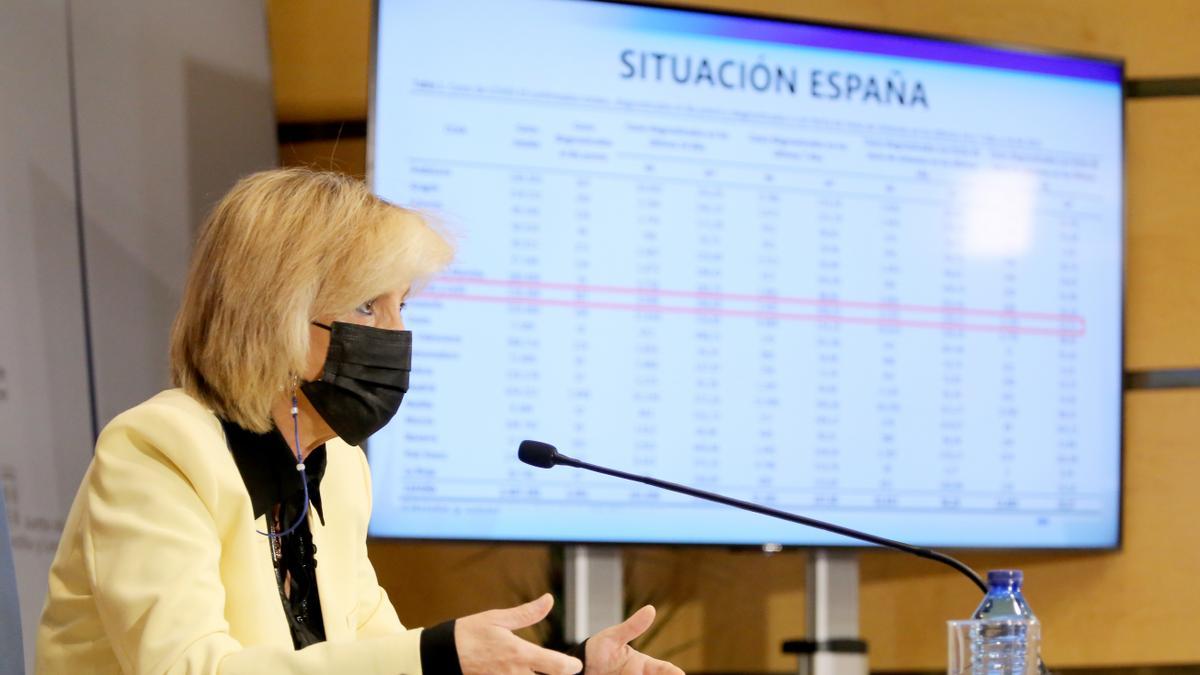 La consejera de Sanidad, Verónica Casado, en la rueda de prensa de hoy.