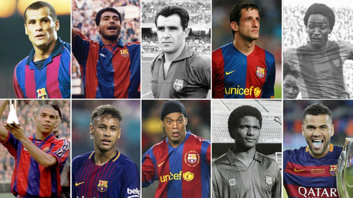De izquierda a derecha (arriba): Rivaldo, Romário, Evaristo, Belletti y Bio. Abajo (mismo orden): Ronaldo, Neymar, Ronaldinho, Aloísio y Dani Alves