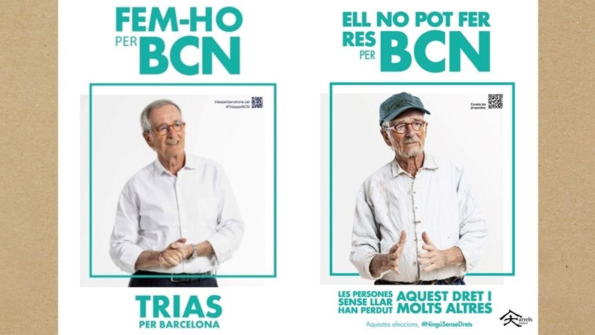 El cartel electoral de Xavier Trias y la versión con un alcaldable sin techo, por la fundación Arrels