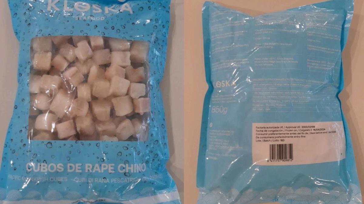 Imagen de uno de los cubos de rape congelado de la marca 'KLOSKA Seafood'.