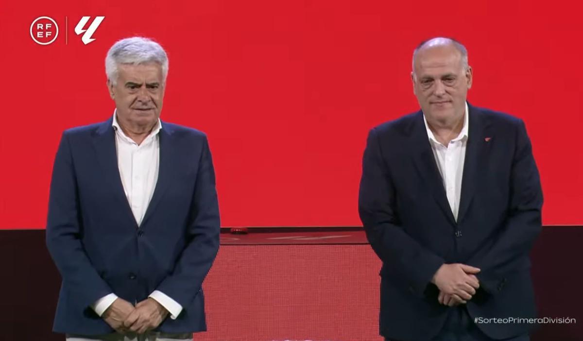 Los presidentes de la RFEF, de LaLiga y de la Liga F, Pedro Rocha, Javier Tebas.