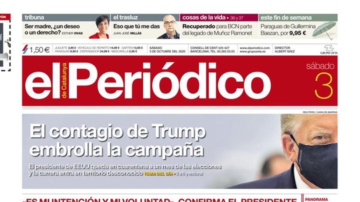 La portada de EL PERIÓDICO del 3 de octubre del 2020.