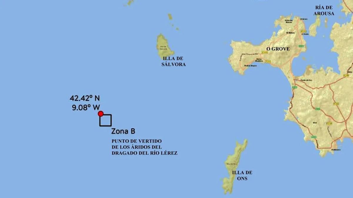 Mapa con el punto de vertido previsto del dragado del Lérez.