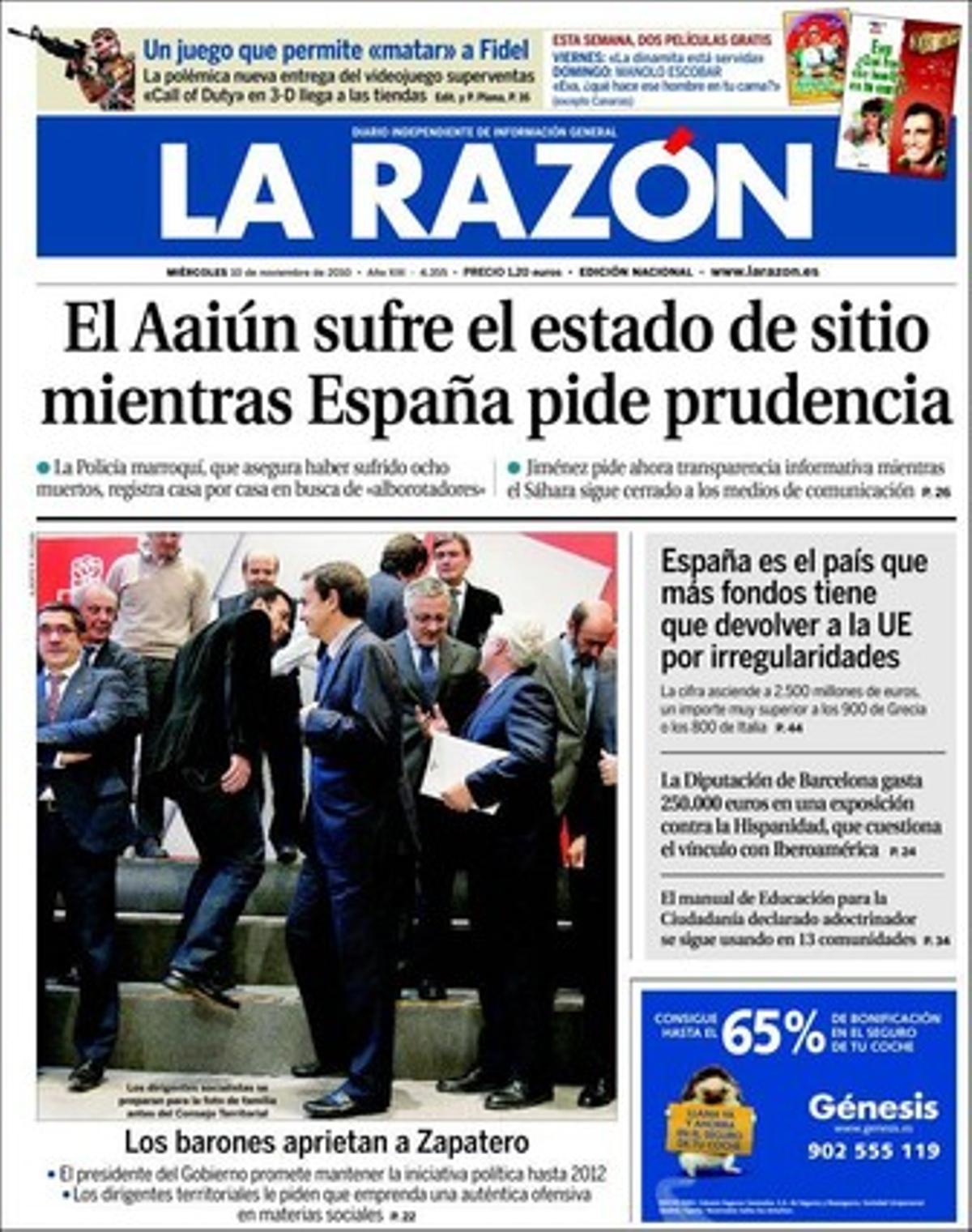 ’La Razón’ destaca a dins que Garzón veu probable que es confirmi la seva suspensió i se l’aparti de la judicatura i que el primer batalló afganès instruït per les tropes espanyoles va començar ahir a exercir les seves tasques a la província de Badghis.