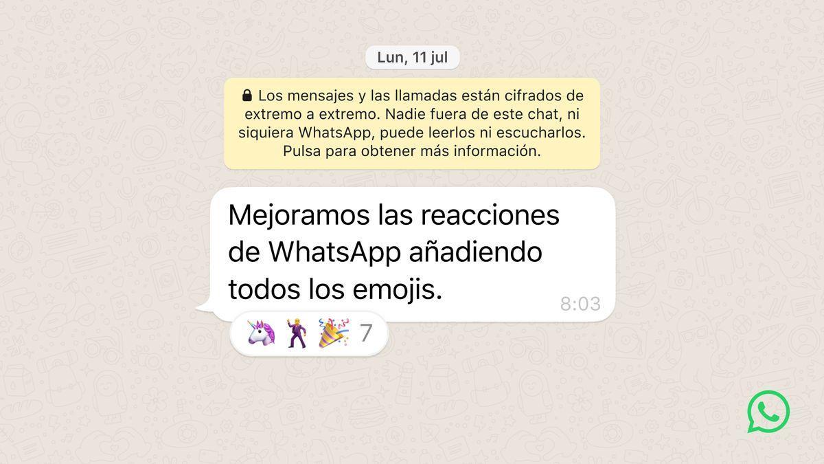 WhatsApp amplía los emojis con los que reaccionar a los comentarios.