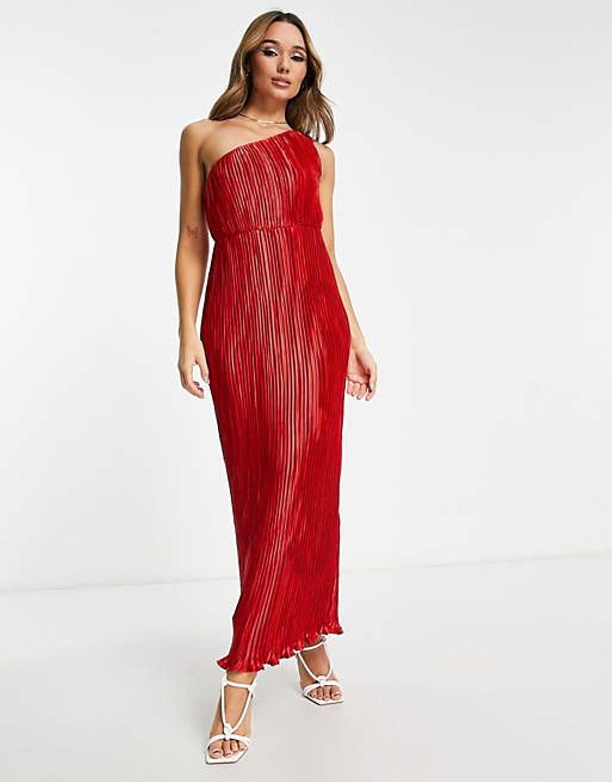 Vestido semilargo rojo asimétrico plisado de satén de ASOS DESIGN