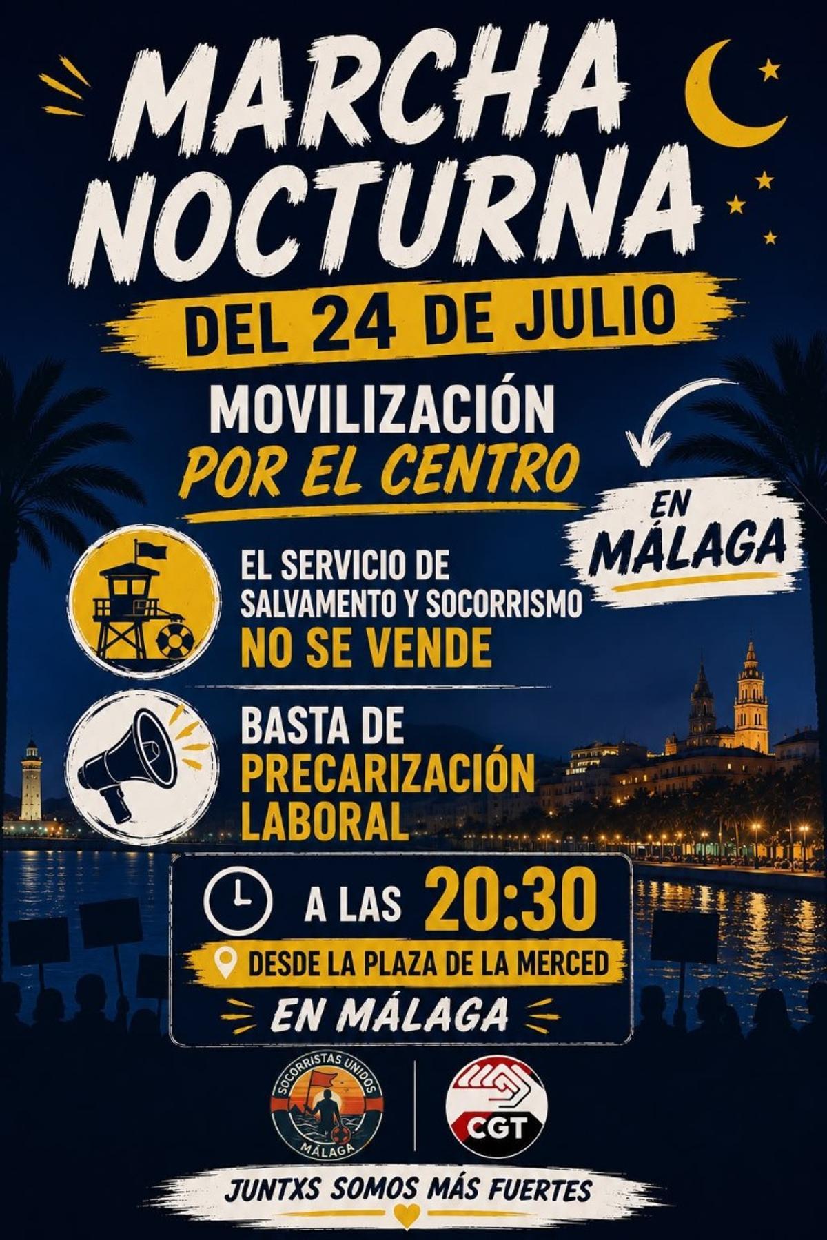Cartel de la marcha nocturna de protestas de los socorristas de Málaga, este viernes.