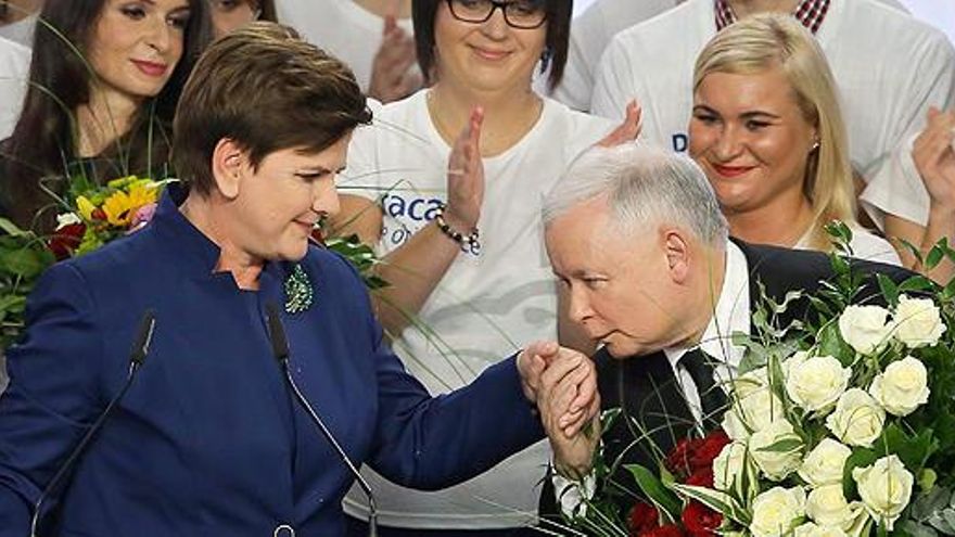 Jaroslaw Kaczynski, líder del PiS, besa la mano de Beata Szydlo