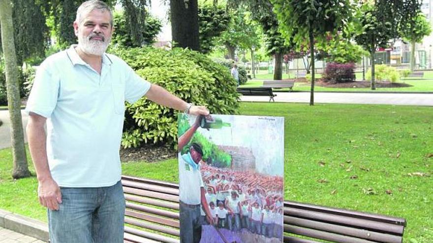 El pintor Carlos Sempere, con el cuadro del cartel, en el parque Alfonso X el Sabio.