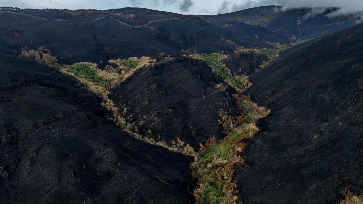 Vista aérea de lasuperficie calcinada en Vilamartín de Valdeorras por el incendio de Larouco.