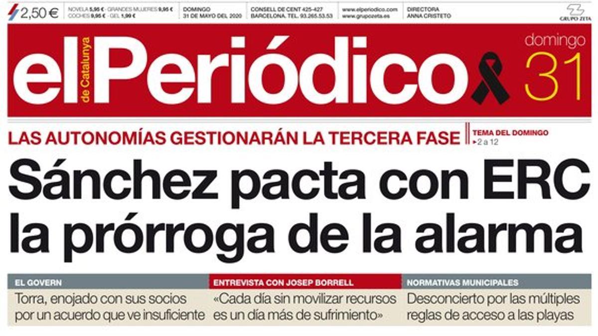 La portada de EL PERIÓDICO del 31 de mayo del 2020.