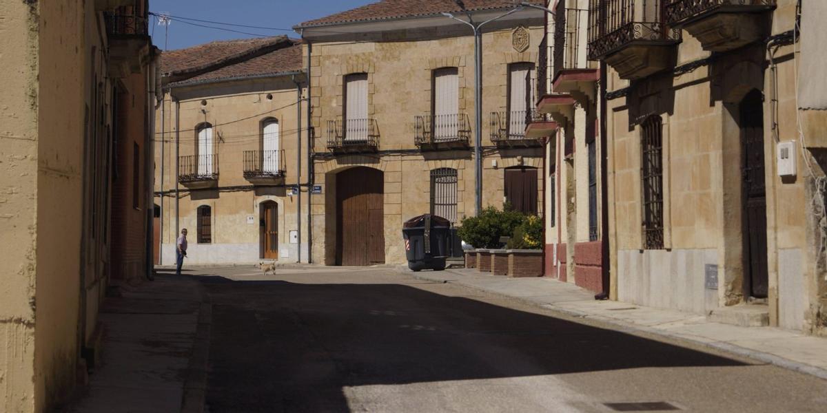 Un vecino de Corrales del Vino pasea por el municipio junto a su perro.
