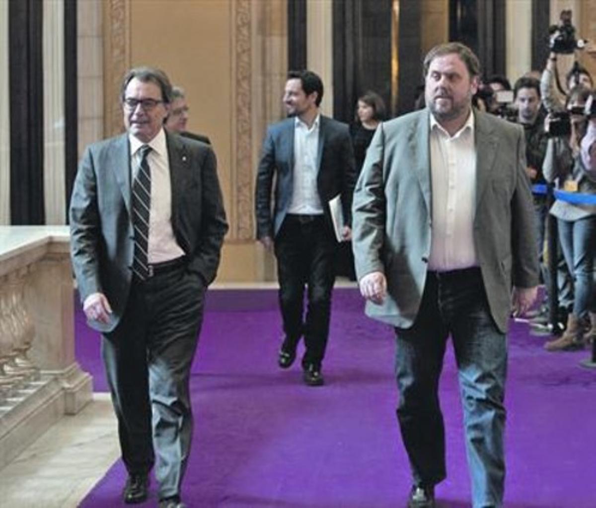 Mas i Junqueras,al Parlament,al final de la seva reunió d’ahir.