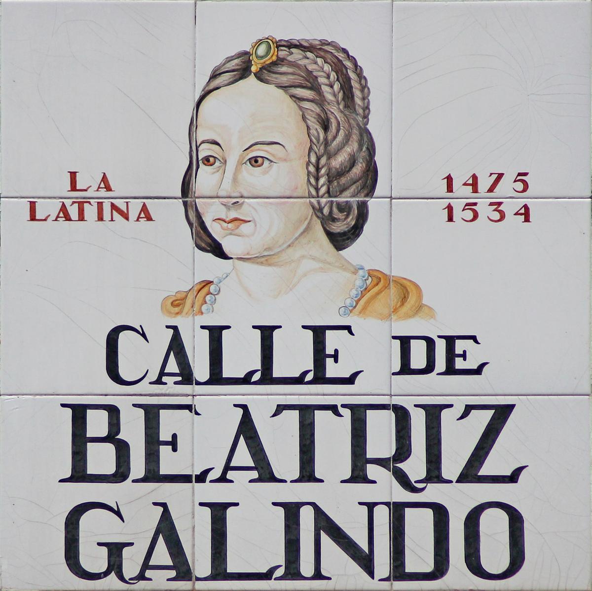 Sign of CALLE DE BEATRIZ GALINDO (street) in Centro District in Madrid (Spain). Tilework by Alfredo Ruiz de Luna.