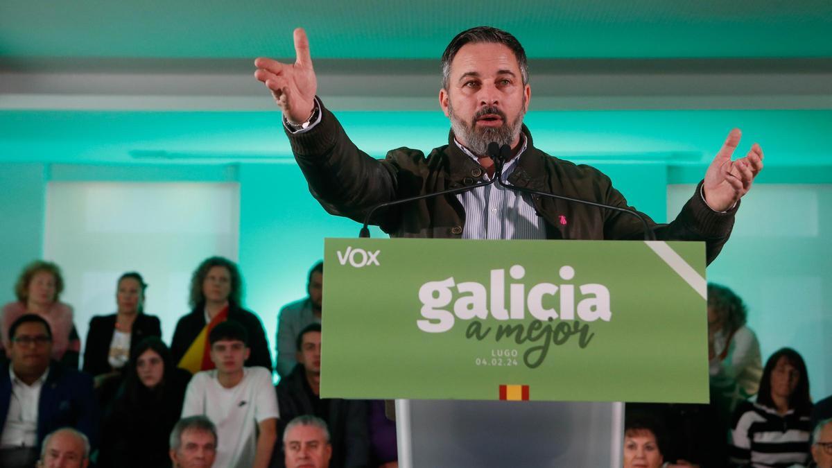 El líder de Vox, Santiago Abascal, durante un mitin en Lugo en la campaña de las gallegas.