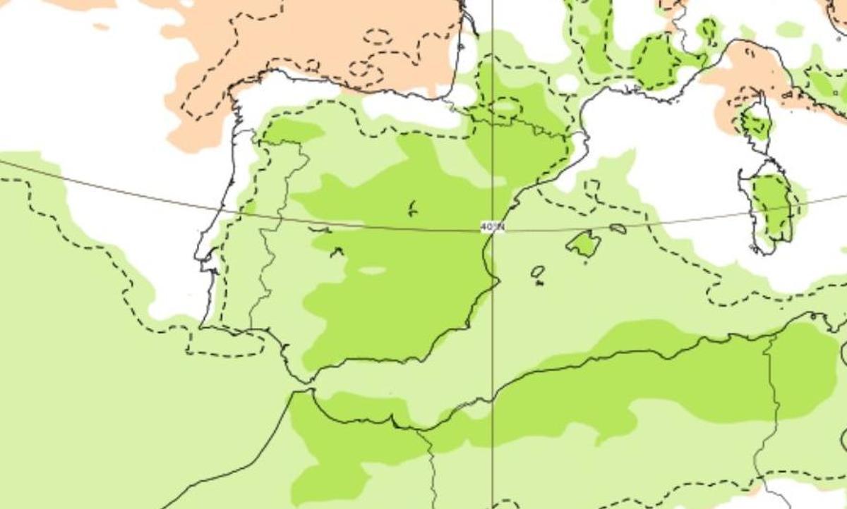 Mapa de previsión de agua acumulada en la primera quincena de mayo. Mapa de previsión de agua acumulada en la primera quincena de mayo.