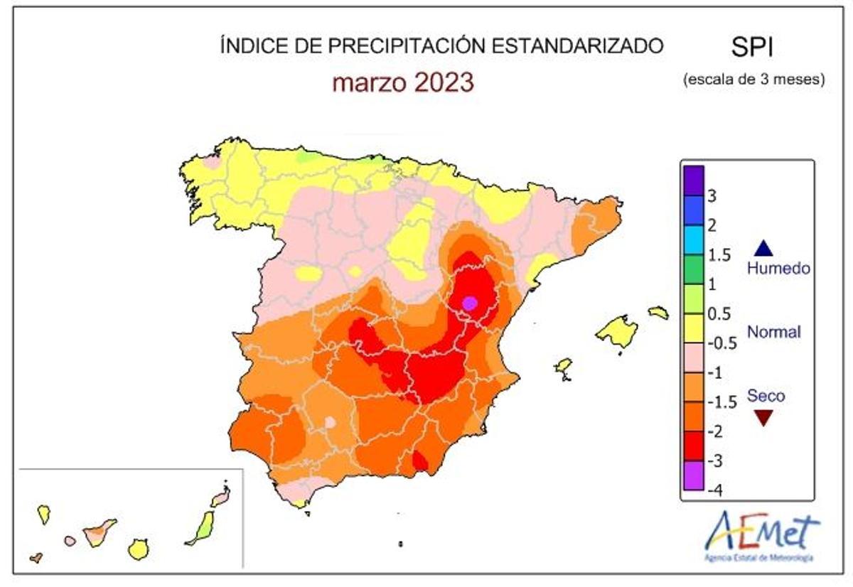 Mapa de precipitaciones acumuladas en Zamora (-1) que marca una sequía en los últimos tres meses. | Aemet