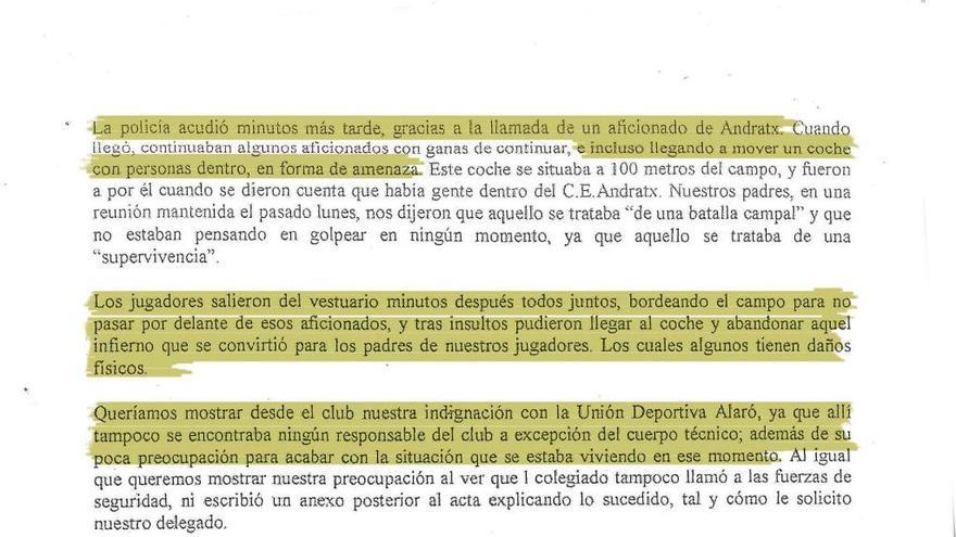 Los dos folios del escrito de denuncia del Andratx dirigido al Comité de Árbitros.